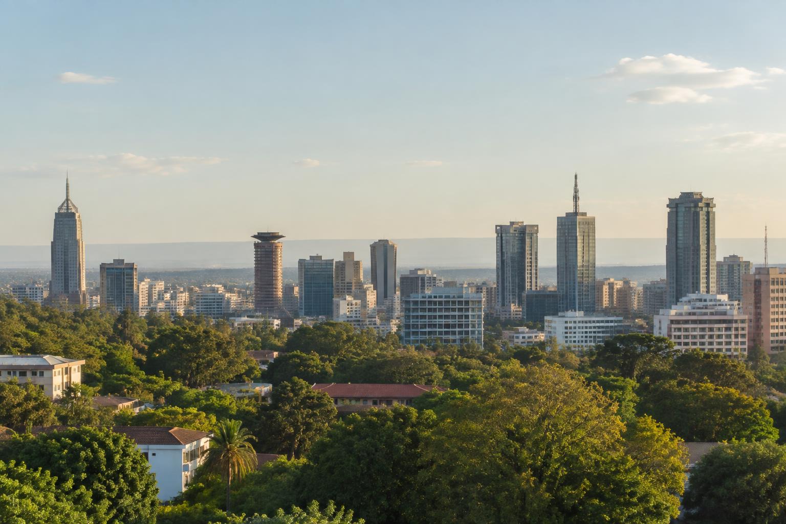 An editorial illustration of Nairobi’s skyline above a canopy of green trees